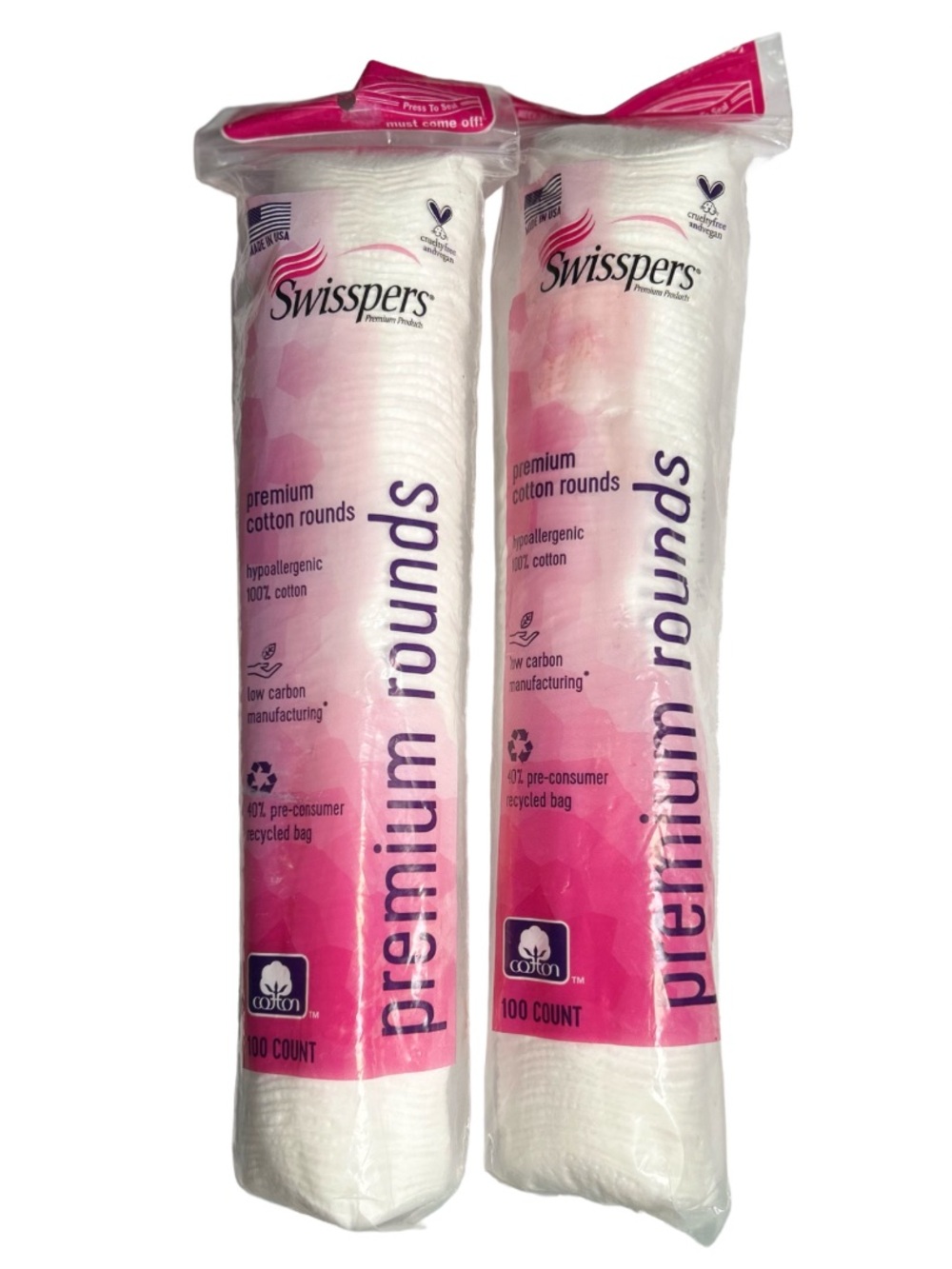 Swisspers Premium 100% Cotton Rounds, Dual-Sided, 100 Count (Pack of 2)